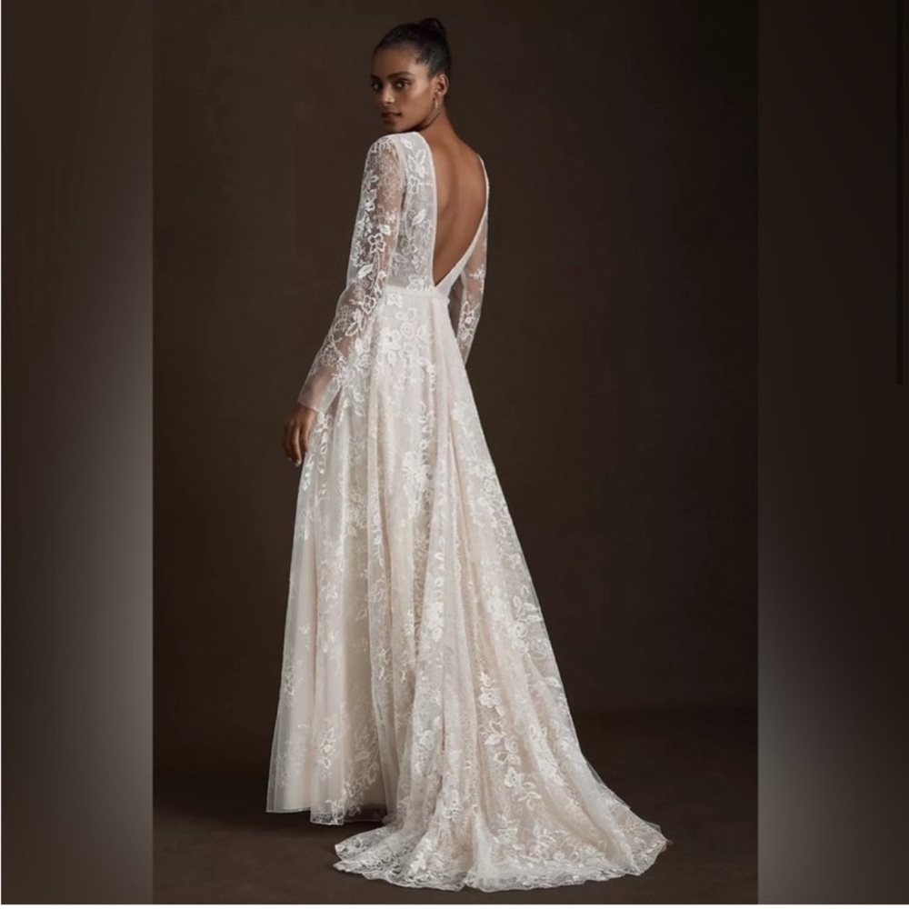 BHLDN Riki Dalal Joan Illusion V-Neck Long Sleeve Lace Wedding Gown size 8 NWT - Picture 2 of 16